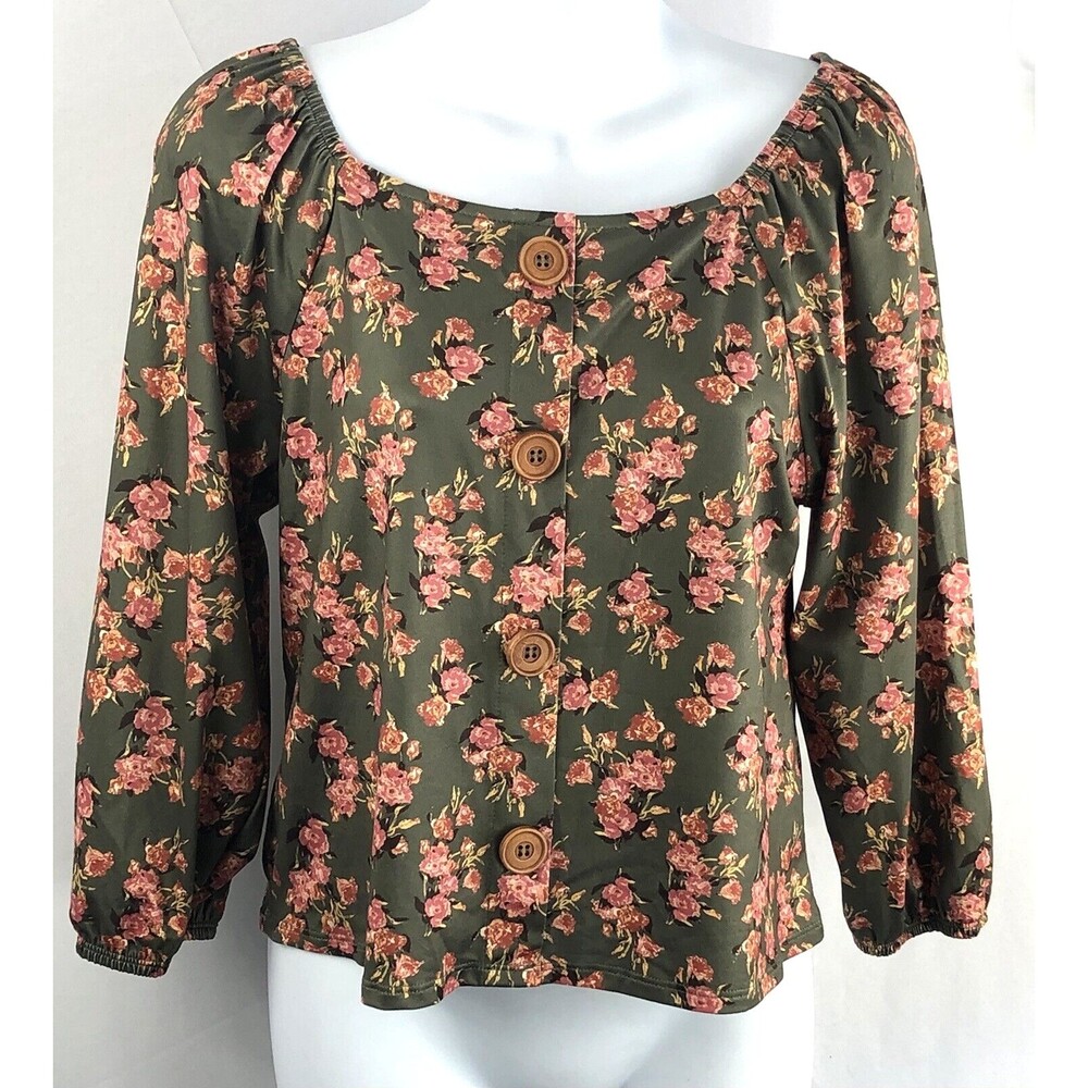 NWT Off shoulder Cropped top M green floral wood buttons Cottage Boho Hippie